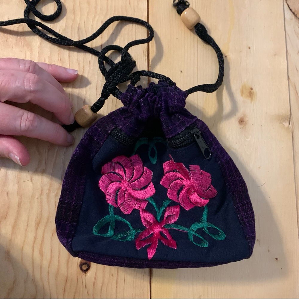Embroidered Floral Drawstring Bag - Purple and Black
